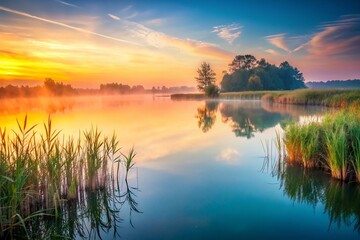 Fototapeta premium Serene Lakeside Reflections: A Documentary Photography View