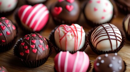 Fototapeta premium Assorted Heart Shaped Chocolate Truffles for Valentine's Day with Decorative Designs : Generative AI