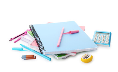 Doing homework. Notebooks and other different stationery on white background