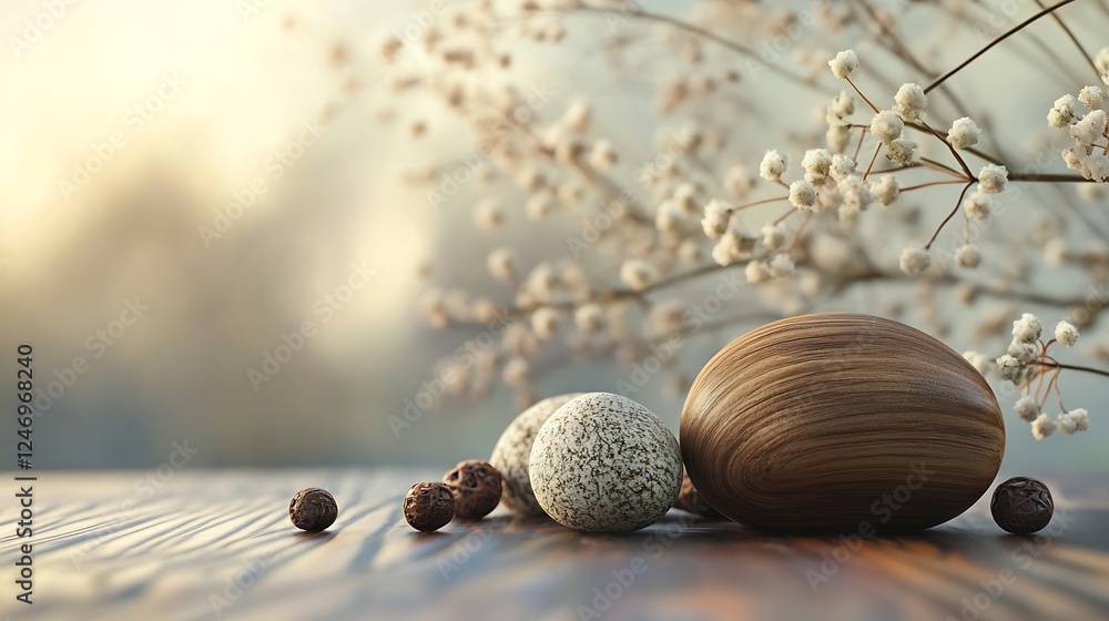 Poster elegant arrangement of textured spheres and delicate branches in soft light : generative ai