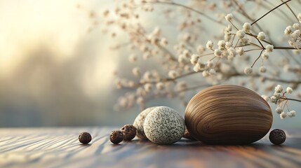 Elegant Arrangement of Textured Spheres and Delicate Branches in Soft Light : Generative AI