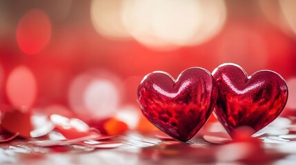 Romantic Red Heart Shaped Decorative Items on Sparkling Red Background : Generative AI