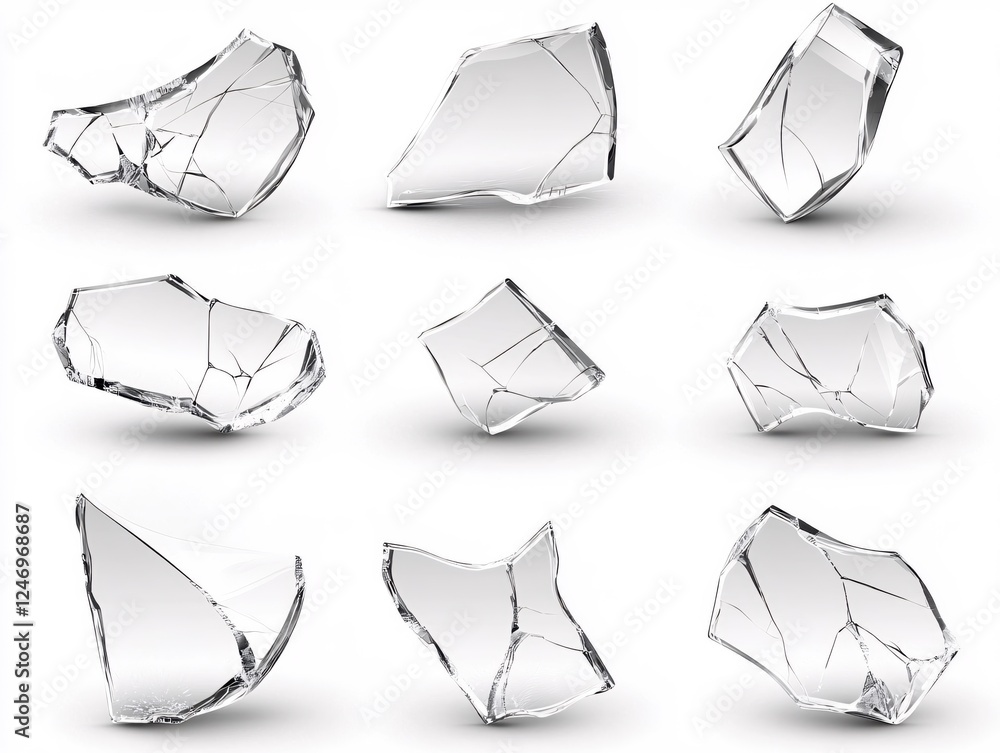 Poster shattered glass pieces isolated on white background showing broken texture and sharp edges