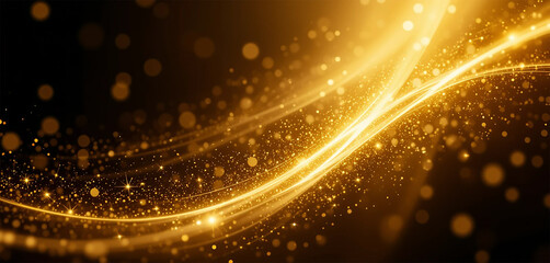 Abstract golden light bokeh with sparkling glitter and glowing stars in a festive holiday design.