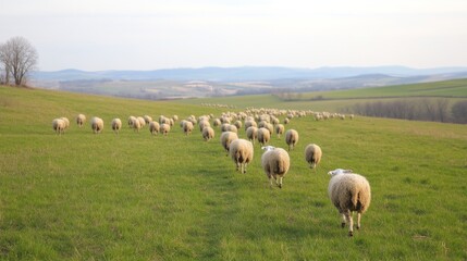 Fototapeta premium Sheep herd walking across a grassy hill, countryside view. Possible use Stock photo for nature, farming, or rural themes