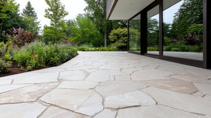 Modern home patio, stone paving, garden view