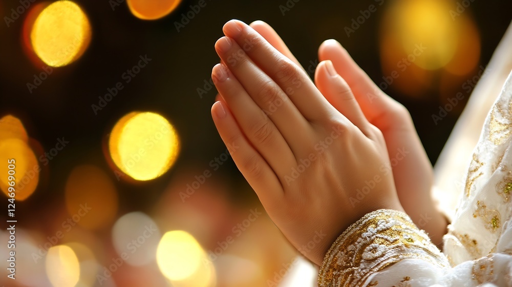Poster hands together in prayer with glowing bokeh light in spiritual setting : generative ai