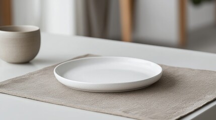 Empty plate on table, linen placemat, minimalist home