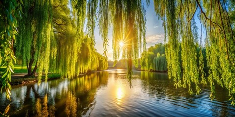 Fototapeta premium Serene River Scene: Sunlight Through Weeping Willow Branches