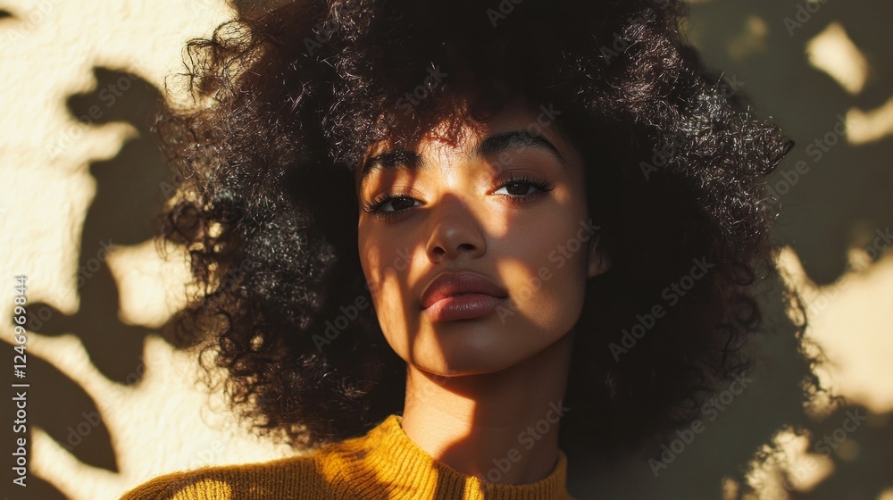 Poster a captivating portrait of a woman with beautiful curls accentuated by long shadows creating a striki