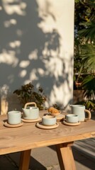 Obraz premium Minimalist wooden tea set with cookies on a rustic table