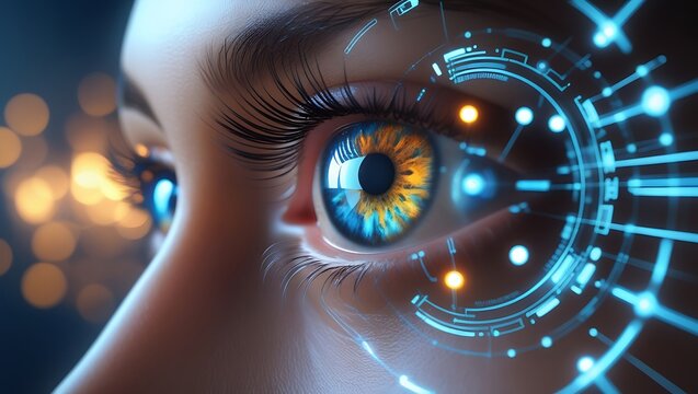 Cybernetic Human Eye with Futuristic HUD Overlay, Digital Interface, AI Vision, Augmented Reality

