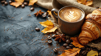 cozy breakfast scene featuring cup of coffee, croissant, and autumn leaves, evoking warmth and comfort