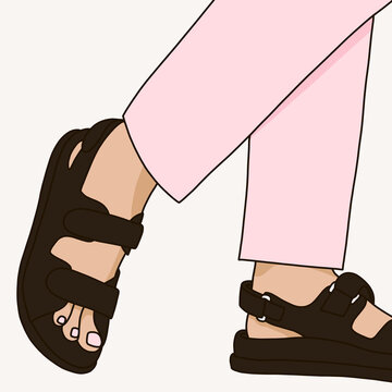 Bold Black Sandals with Pastel Pants