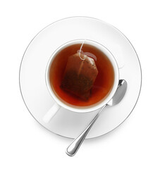 Tea bag in cup with hot drink isolated on white, top view