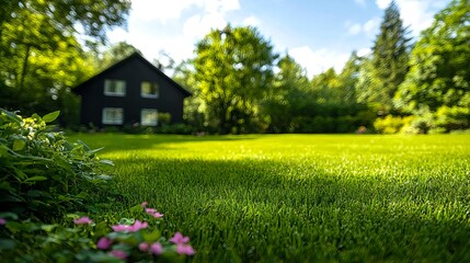 Lush Green Lawn and Black House in Sunny Day