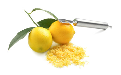 Lemon zest, fresh fruits and zester tool isolated on white