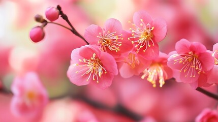 Exquisite Closeup of Pink Cherry Blossom Branch with Soft Natural Background : Generative AI