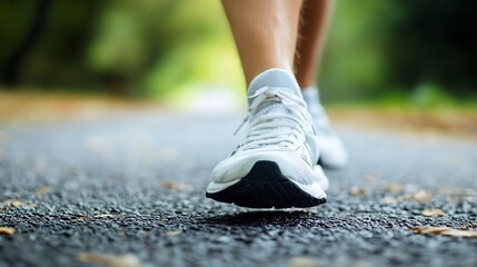 Close-Up of Athletic Shoes on Leaf-Lined Path for Fitness Inspiration : Generative AI