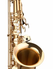 Jazz. One beautiful saxophone isolated on white
