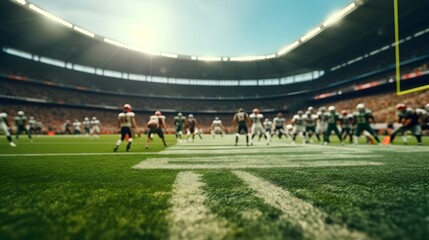 American Football Game Field View Stadium Players Grass Yard Lines Blurred Background