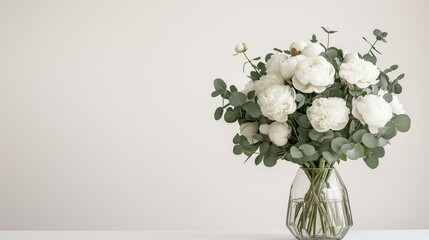 Naklejka premium Elegant white peony bouquet displayed in a crystal vase on a table