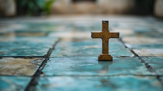 Rustic Stone Cross on Mosaic Tile Pathway Symbolizing Faith : Generative AI