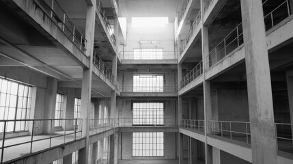 Fototapeta premium Abandoned Industrial Interior, Light Flooding Empty Factory