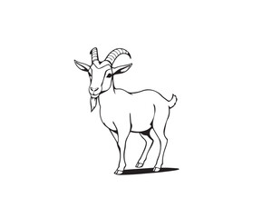 Line art illustration, black and white, strong hard light, clear background, simple goat design, vector