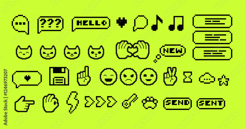 Poster set of pixel art speech bubbles and icons. retro game style dialogue box and elements vector collect