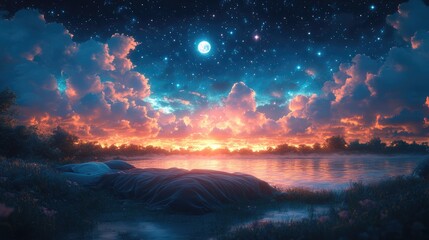 Fototapeta premium A serene lakeside scene at twilight, featuring vibrant clouds and a starry sky.