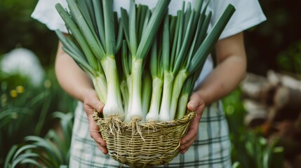 strong hands hold a basket of harvested leek
