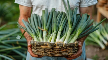 fresh leek in a basket held by a farmer