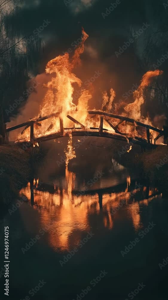 Poster fire is engulfing a wooden bridge over a river, creating a dramatic scene at twilight with dark clou