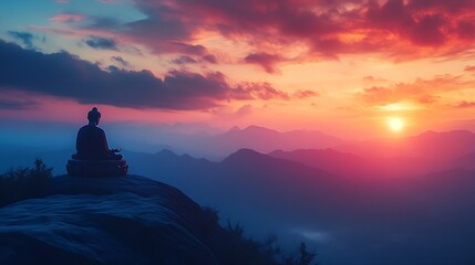 Fototapeta premium Buddha silhouette meditates during a magnificent colored sunset viewed from a mountain : Generative AI