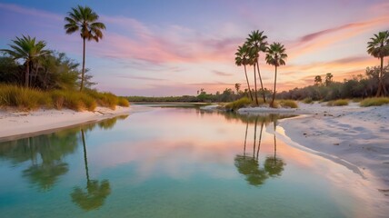 A hidden lagoon shimmers in the heart of golden dunes, surrounded by tall palm trees. The crystal-clear water reflects the soft pastel hues of the sunset sky