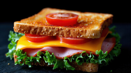 Delicious sandwich with ham, cheese, fresh tomatoes, and lettuce