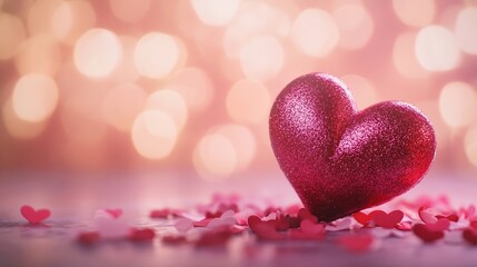 Obraz premium Romantic Glitter Heart and Confetti with Warm Bokeh Background Capturing Love Essence : Generative AI