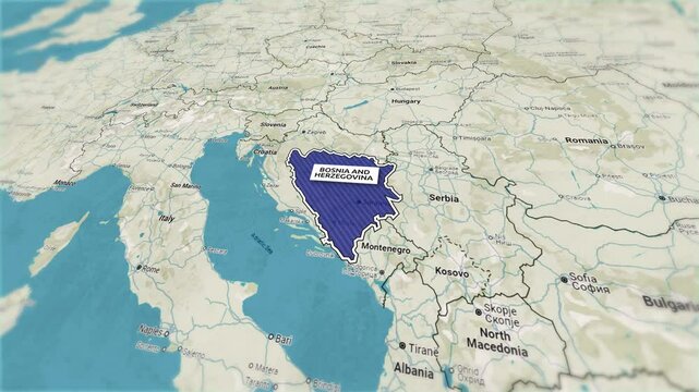 Borders of the state of Bosnia and Herzegovina on the map. Country Bosnia and Herzegovina on the map is highlighted by a polygonal border. From above zooming in with panoramic view