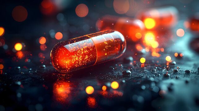 Capsule Medication: Bright Glowing Pharmaceutical Innovation for Health and Wellness, Creative Abstract Design with Vibrant Textures and Modern Technology, Shiny Therapeutic Supplement Detail