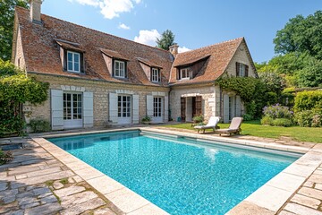 French country house with a swimming pool and garden on a bright sunny day