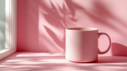 Soft pink mug on a pastel pink surface with natural light and shadows