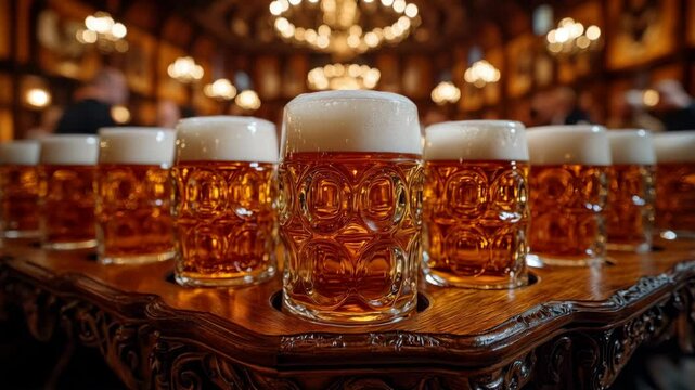 Rows of beer glasses on wooden table in festive ambiance