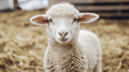 Fototapeta premium Cute lamb in a hay field