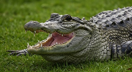 Fototapeta premium Majestic Crocodile Basking in the Sun on Lush Green Grass