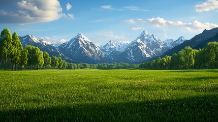 Fototapeta premium Lush Green Meadow with Snow Capped Mountains and Blue Sky