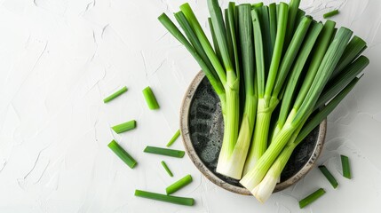 leek in a bowl on a white background