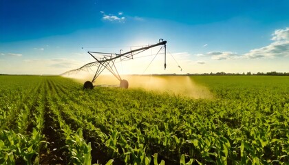 Efficient irrigation system watering cornfield at sunset