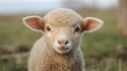 Obraz premium Cute lamb in field; peaceful; farm; ideal for children's book; postcard