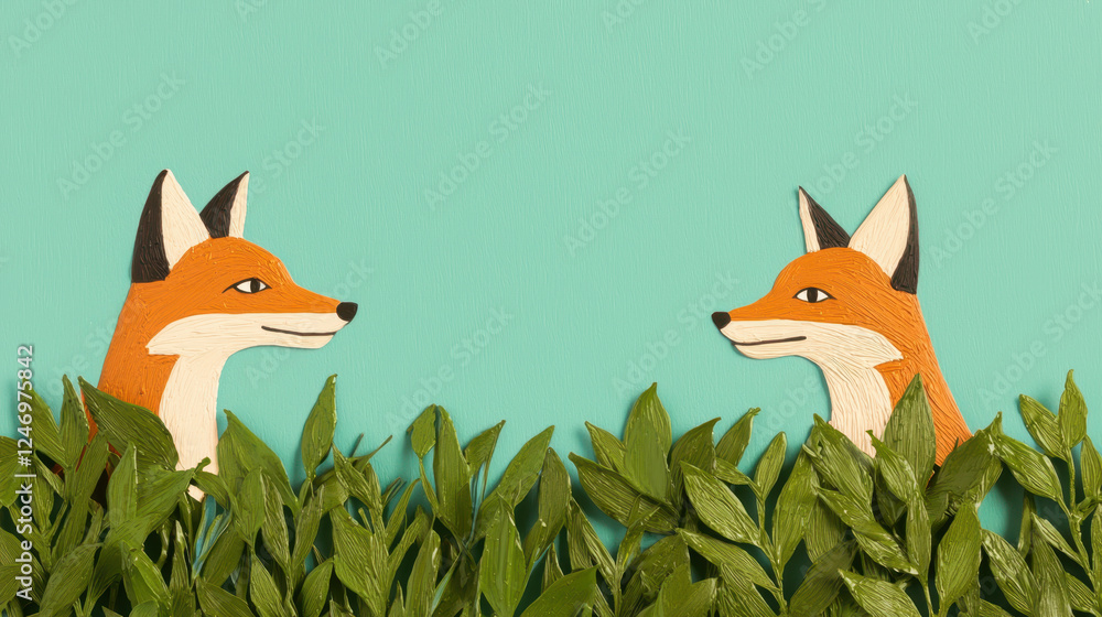 Wall mural Two hand painted foxes in meadow, surrounded by vibrant green leaves